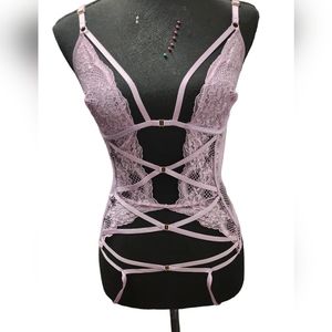 VERY SEXY:Lavander Fishnet Floral Triangle Crotchless Teddy (size Medium)NWT
